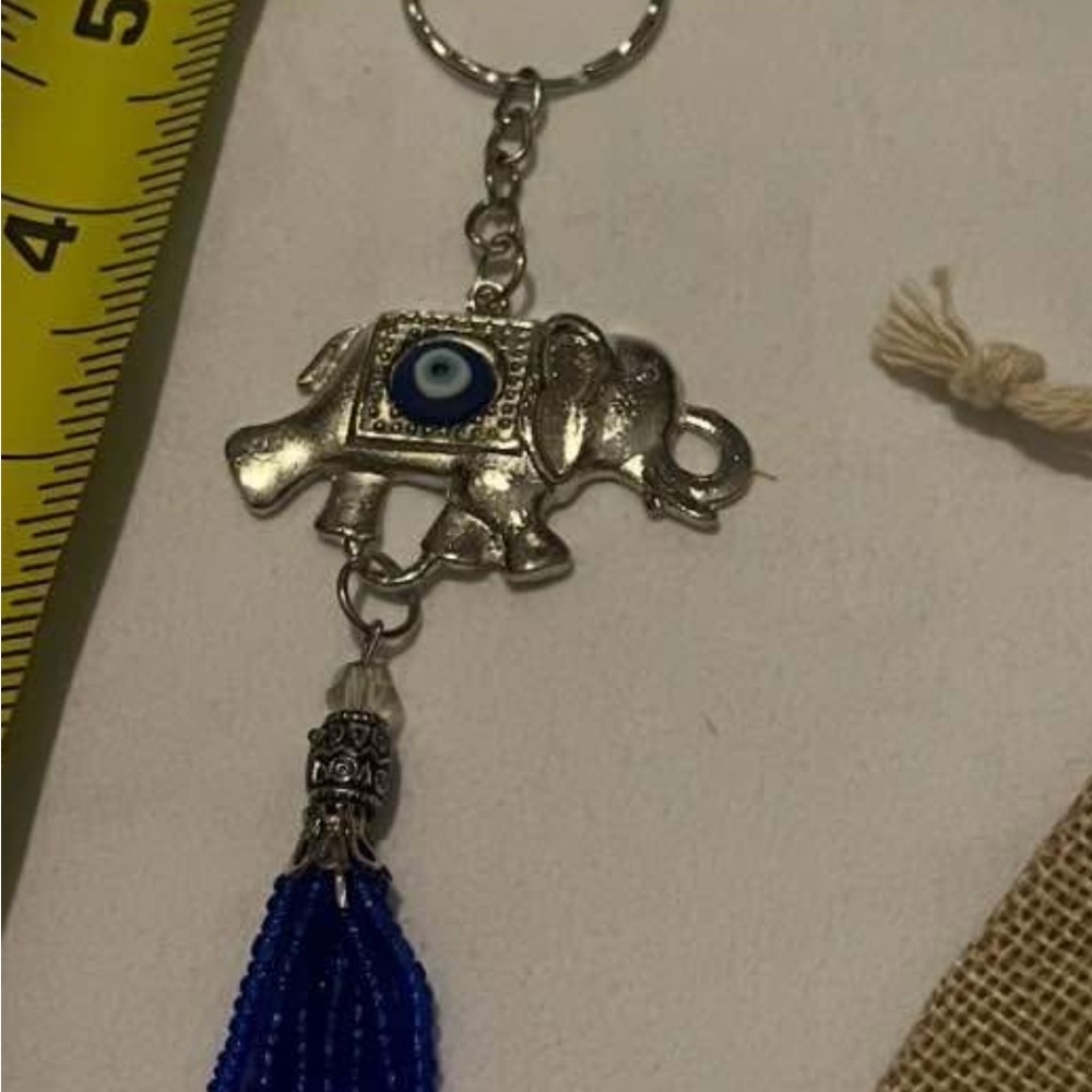 Silver Elephant Keychain with Blue Evil Eye